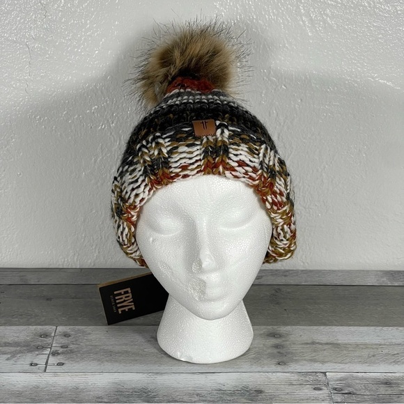 FRYE Women’s Marbled Cuff Pompom Beanie Hat Multicolor Red Knit Fur O/S (B314) - Picture 1 of 11
